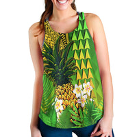 Green racerback tank with pineapple, plumeria flowers, and tribal geometric pattern print