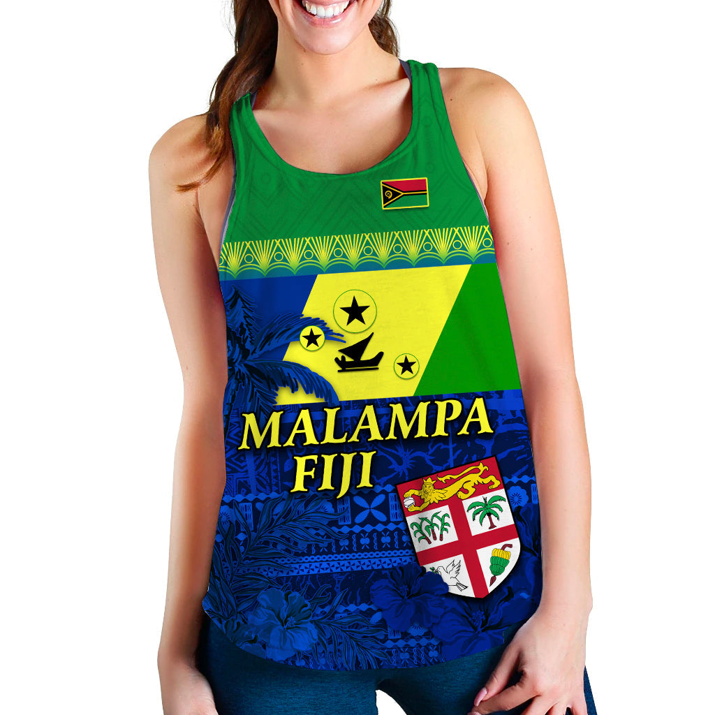 Green racerback tank with blue floral print, “MALAMPA FIJI” lettering, and shield graphic