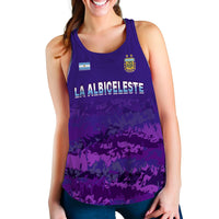 Purple Women's racerback tank top with flag patch, AFA crest, LA ALBICELESTE print.