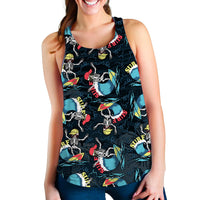 Women’s racerback tank top, dark with surf skeletons, surfboards, and Halloween text