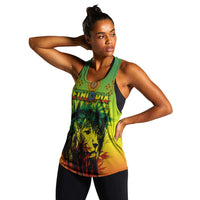 Front view racerback tank in bright green-yellow with Ethiopia text and lion print