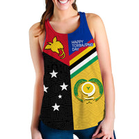 Women's racerback tank top with multicolor Torba PNG graphic and stars, red blue yellow