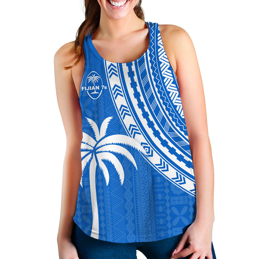 Blue women's racerback tank with white geometric tapa lines and palm tree artwork