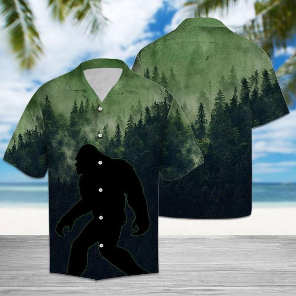Walking Bigfoot In The Forest Green Hawaiian Shirt - Wonder Print Shop