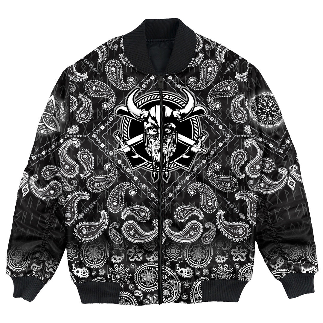 Viking Bomber Jacket Warrior Head With Axe with Bandana Paisley Style RLT12 - Wonder Print Shop