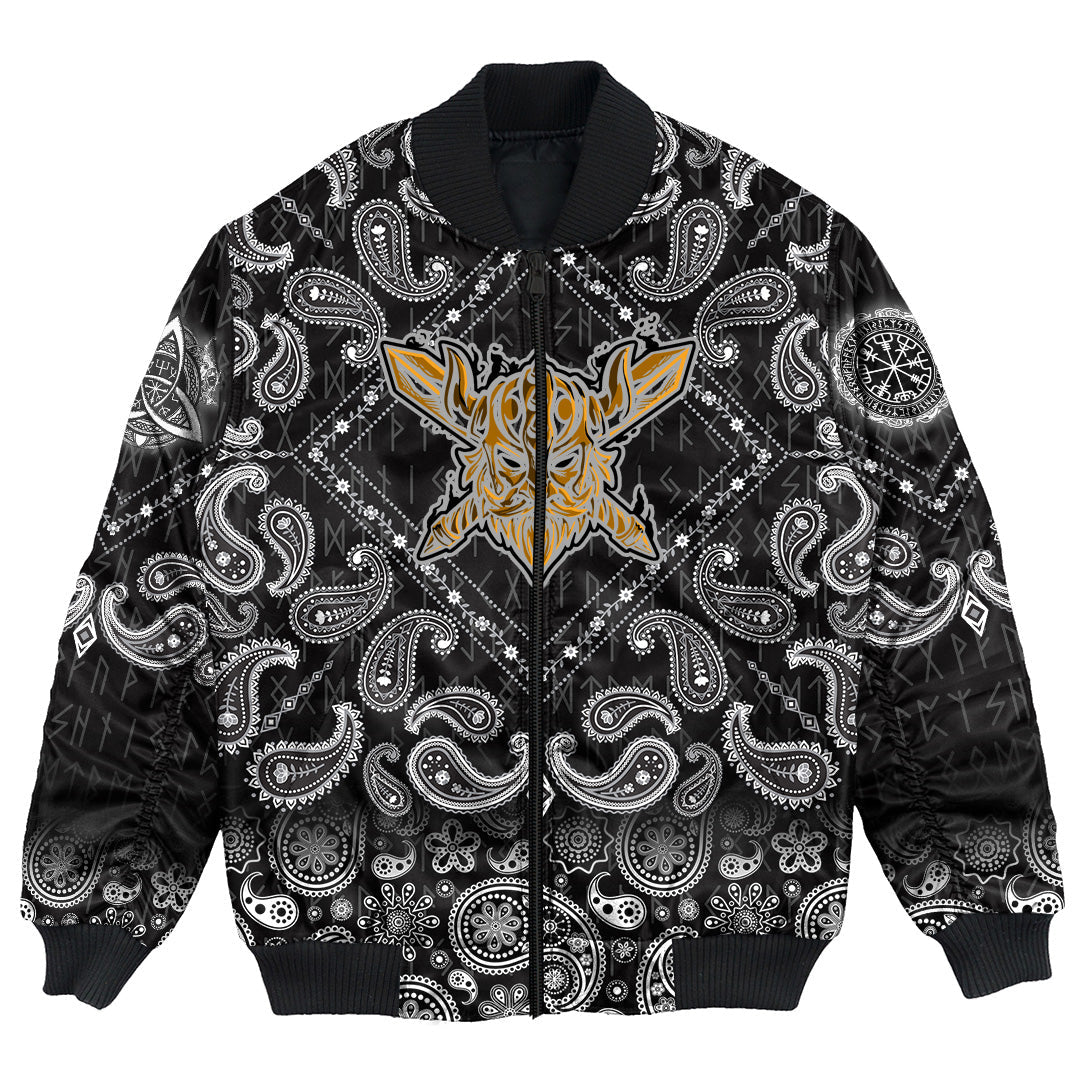 Viking Bomber Jacket Warrior Head with Bandana Paisley Style RLT12 - Wonder Print Shop