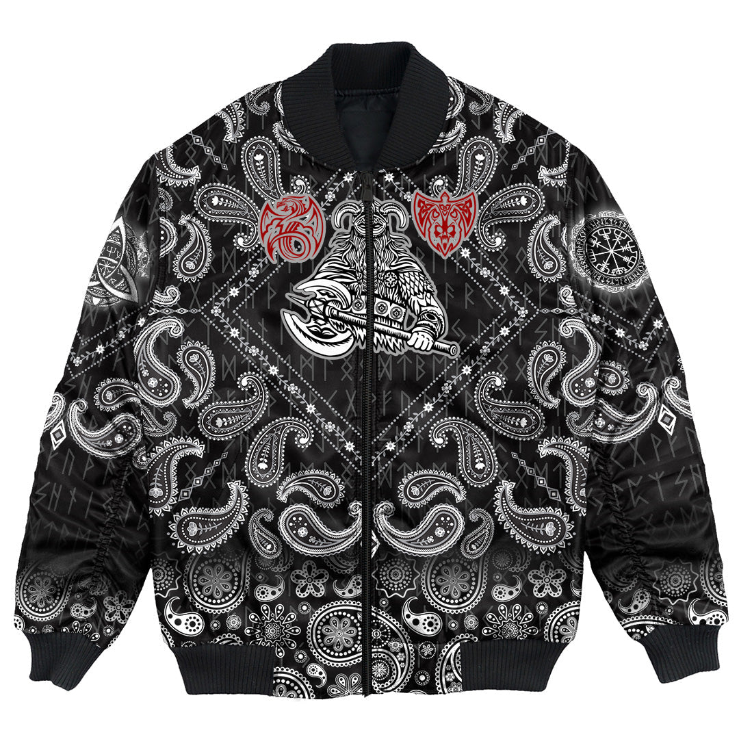 Viking Bomber Jacket Warrior With Big Sword with Bandana Paisley Style RLT12 - Wonder Print Shop