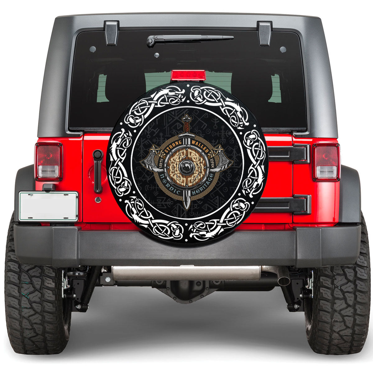 Viking Weapon Colorful Label In Vintage Style With Wooden Shield Viking Spare Tire Cover RLT12 - Wonder Print Shop
