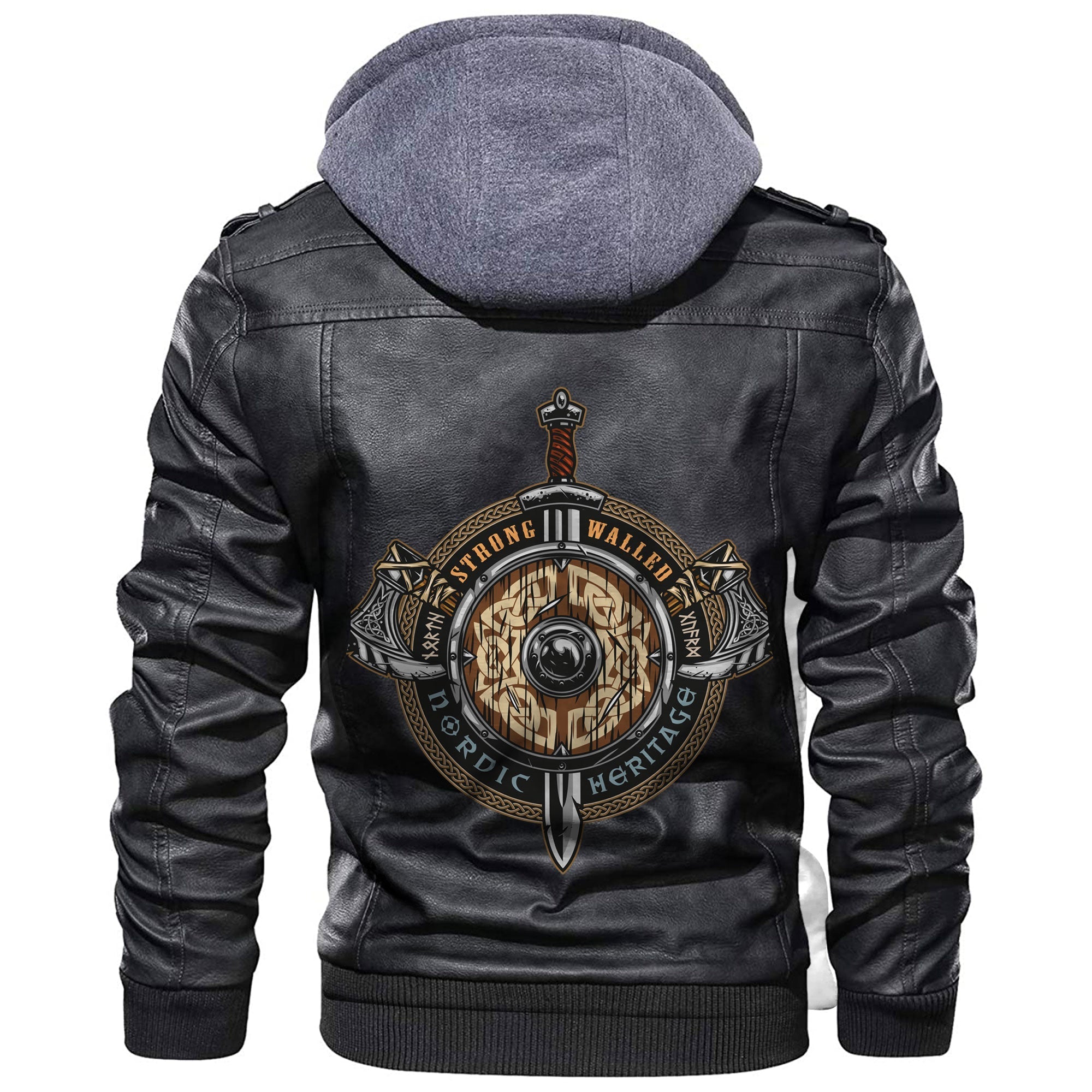 Viking Weapon Colorful Label In Vintage Style With Wooden Shield Leather Jacket RLT12 - Wonder Print Shop