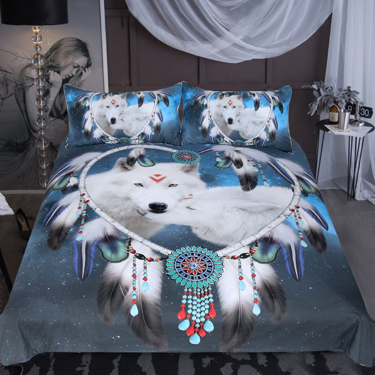 White Wolf Couple Dreamcatcher Native American Bedding Set LT10 - Wonder Print Shop