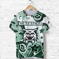 White T-shirt with green tribal pattern, KONAWAENA text, and wolf mascot graphic