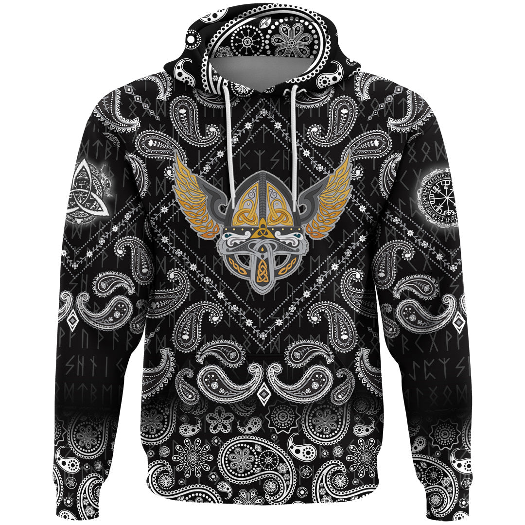 Viking Hoodie Winged Helmet With Scandinavian Pattern with Bandana Paisley Style RLT12 - Wonder Print Shop