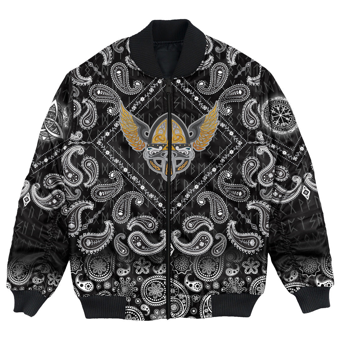 Viking Bomber Jacket Winged Helmet With Scandinavian Pattern with Bandana Paisley Style RLT12 - Wonder Print Shop