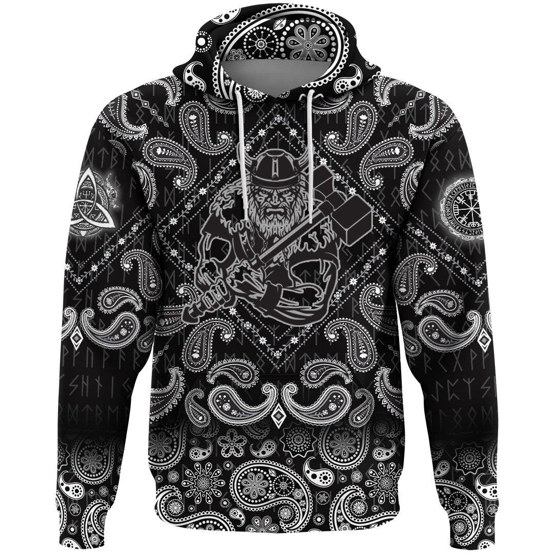 Viking Hoodie With War Hammer Medieval Warrior with Bandana Paisley Style RLT12 - Wonder Print Shop