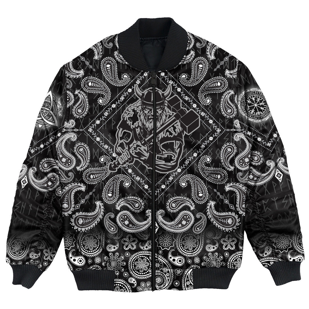 Viking Bomber Jacket With War Hammer Medieval Warrior with Bandana Paisley Style RLT12 - Wonder Print Shop