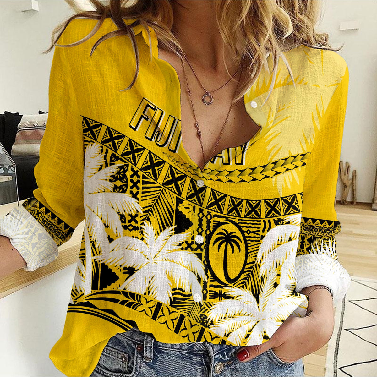 Personalised Fiji Day Women Casual Shirt Flying Fijians Masi Kesa Style - Gold - Wonder Print Shop