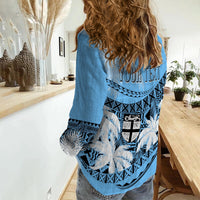 Personalised Fiji Day Women Casual Shirt Flying Fijians Masi Kesa Style - Turquoise - Wonder Print Shop