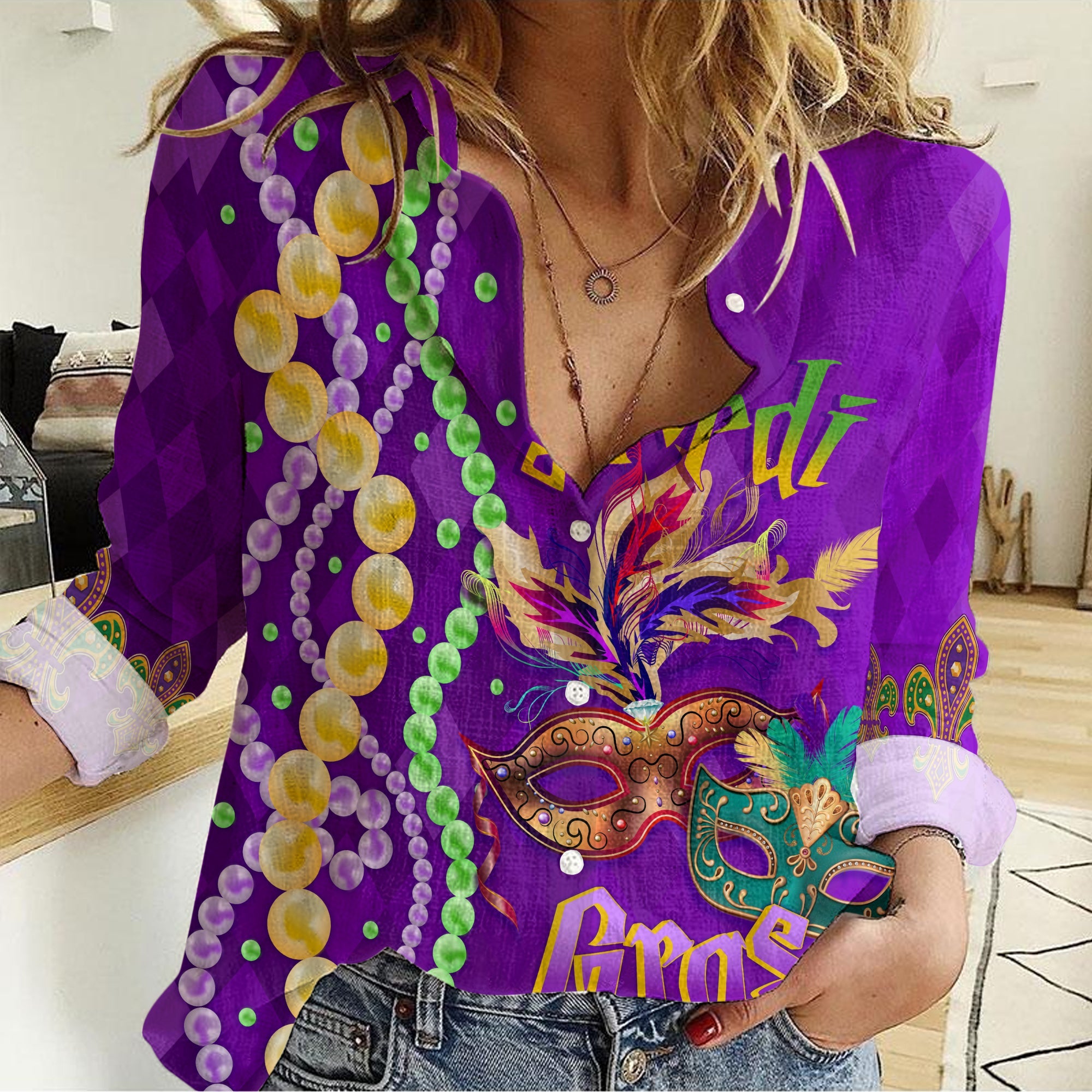 Women Casual Shirt Beads And Bling - It's A Mardi Gras Thing - Wonder Print Shop