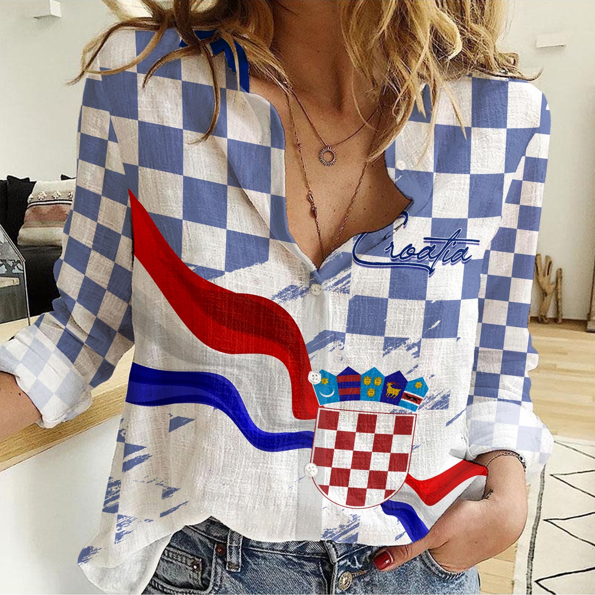 Croatia Women Casual Shirt Checkerboard Grunge Style - Blue Color - Wonder Print Shop