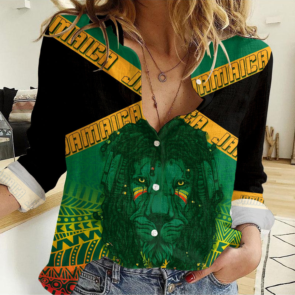 Jamaica Personalised Women Casual Shirt Rastafari Lion Mix Kente - Wonder Print Shop