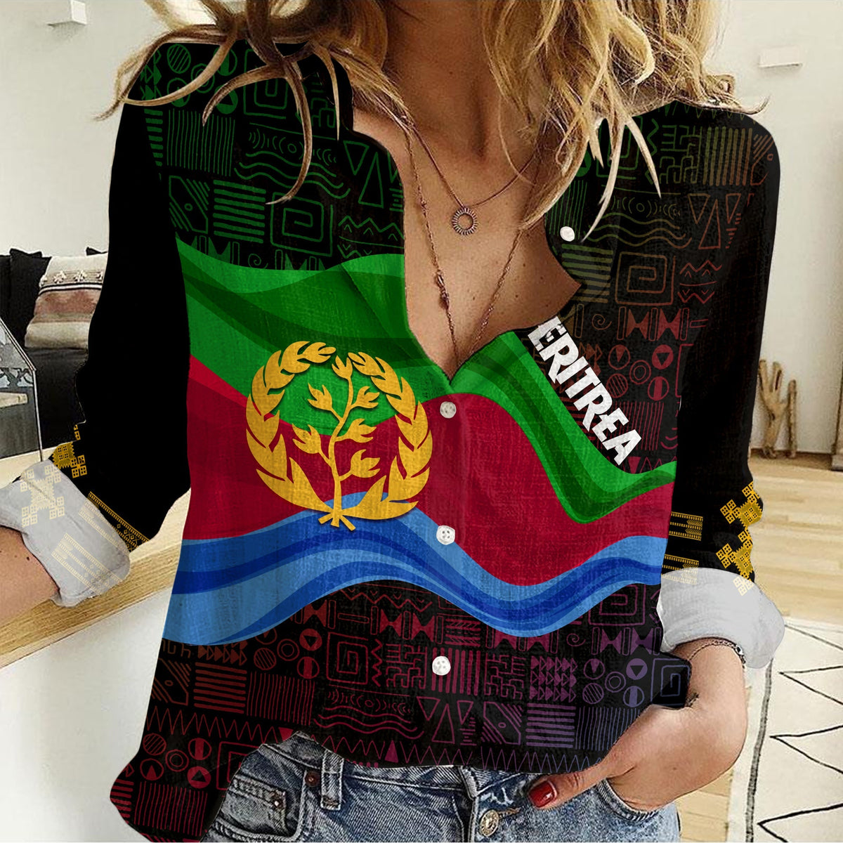 Eritrea Independence Day Women Casual Shirt Ethnic African Pattern - Black - Wonder Print Shop