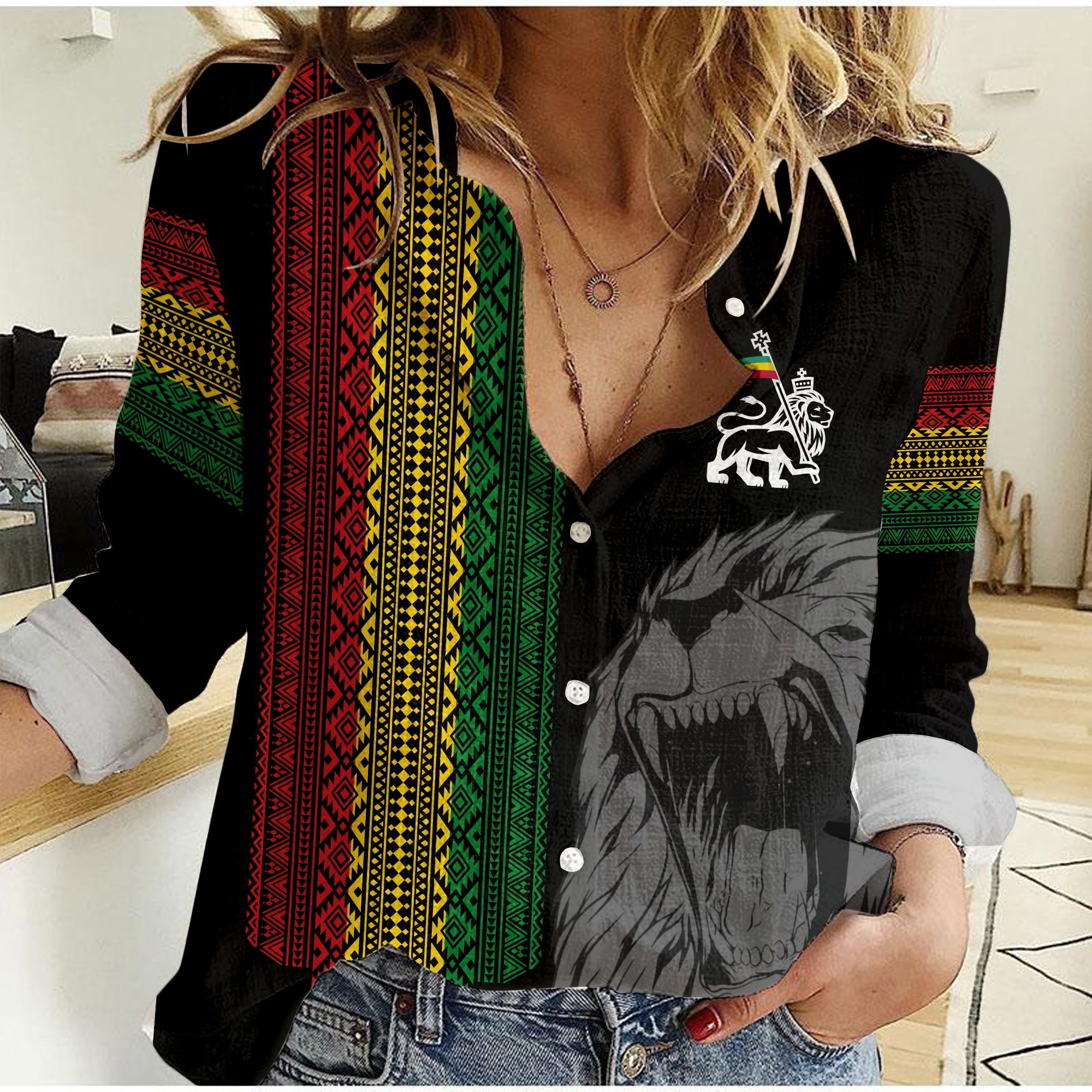 Ethiopia Patriot Day Women Casual Shirt Amharic Letters Roaring Lion - Wonder Print Shop