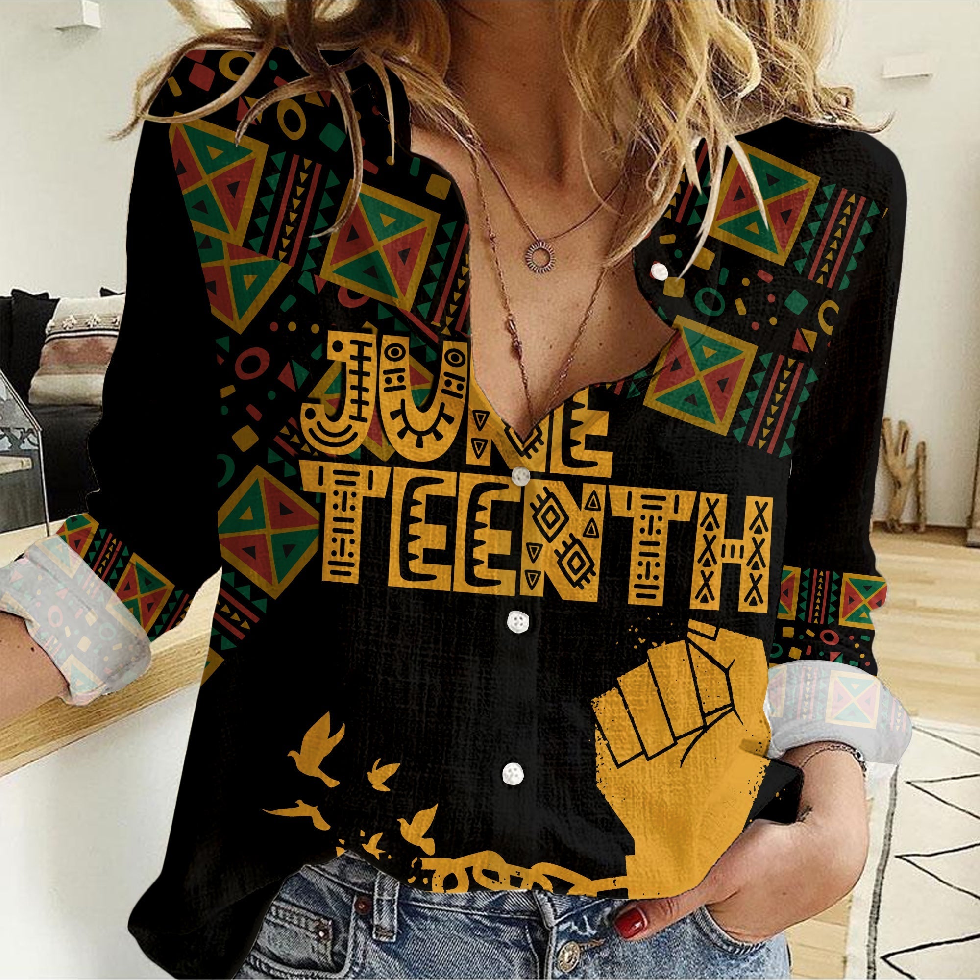 juneteenth-tribal-pattern-women-casual-shirt-freedom-day