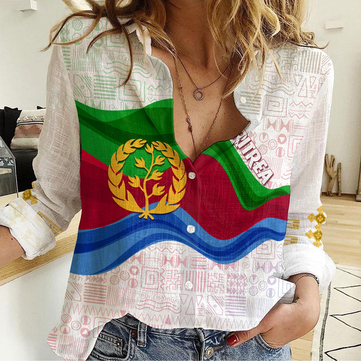 Eritrea Independence Day Women Casual Shirt Ethnic African Pattern - White - Wonder Print Shop
