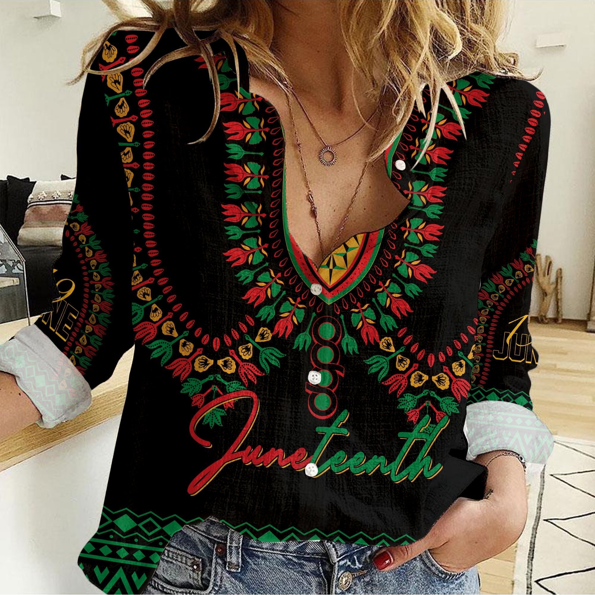 Juneteenth Dashiki Personalised Women Casual Shirt Freedom United - Pan - African Flag - Wonder Print Shop