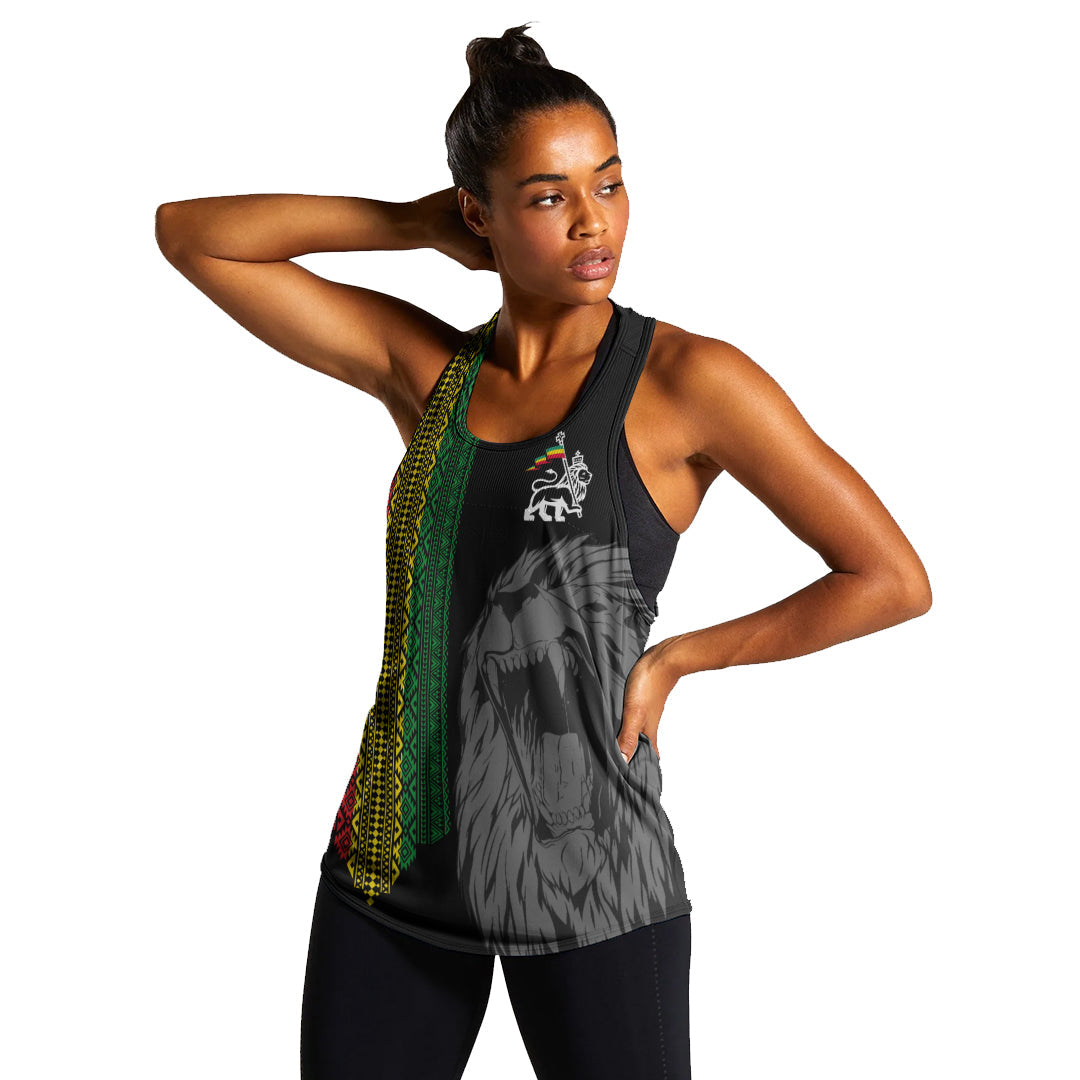 Ethiopia Patriot Day Women Racerback Tank Amharic Letters Roaring Lion - Wonder Print Shop