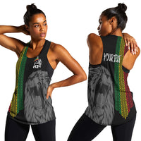 Black racerback tank: front lion graphic and back print reading “YOUR TEXT”