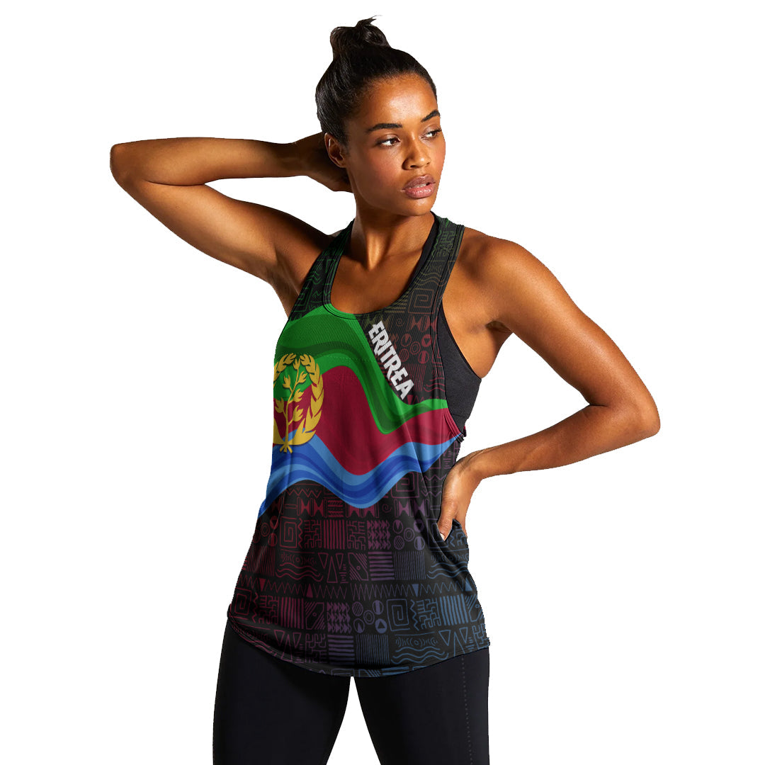 Black racerback tank with multicolor Eritrea graphic and geometric pattern panels