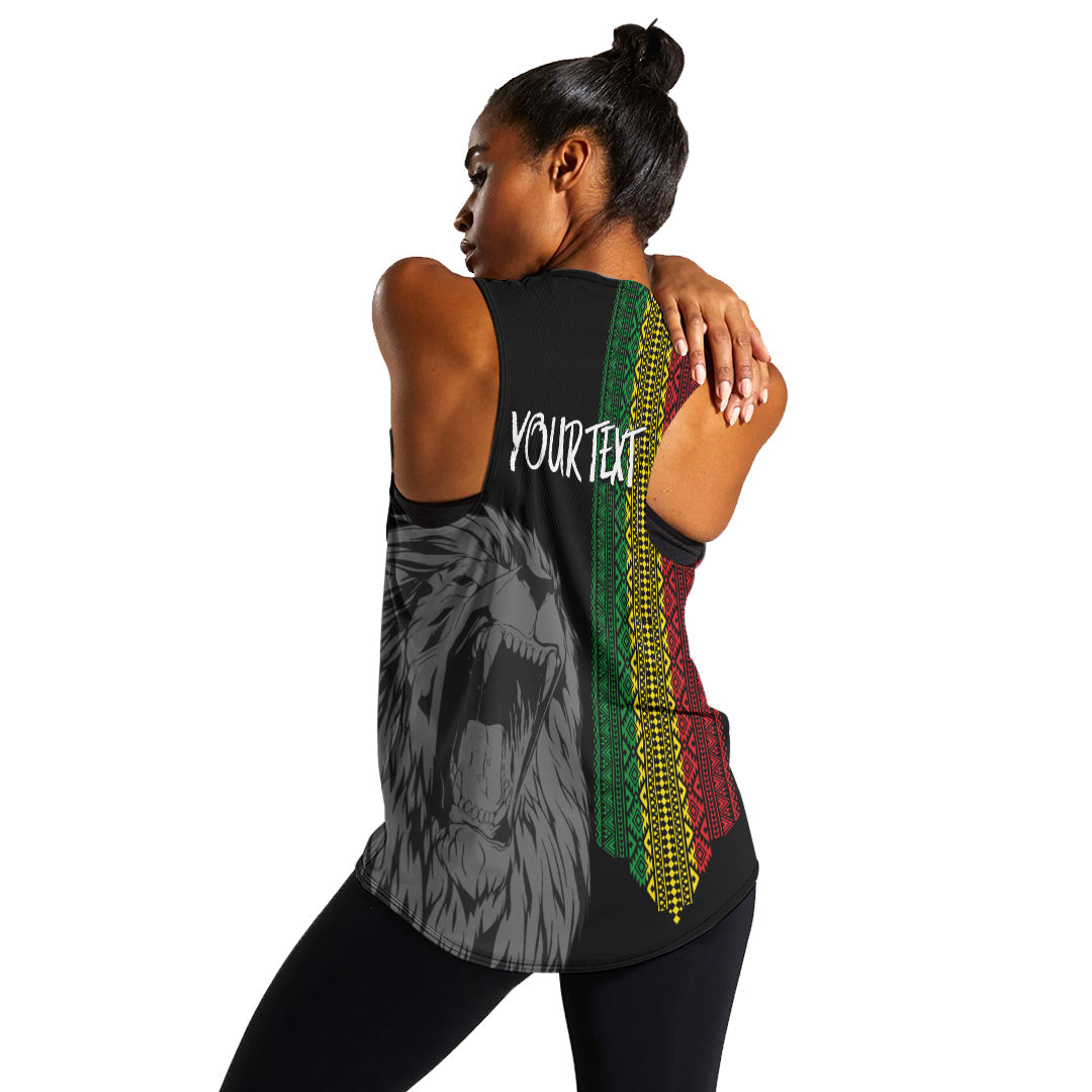 Black racerback tank back view with “YOUR TEXT” and roaring lion graphic