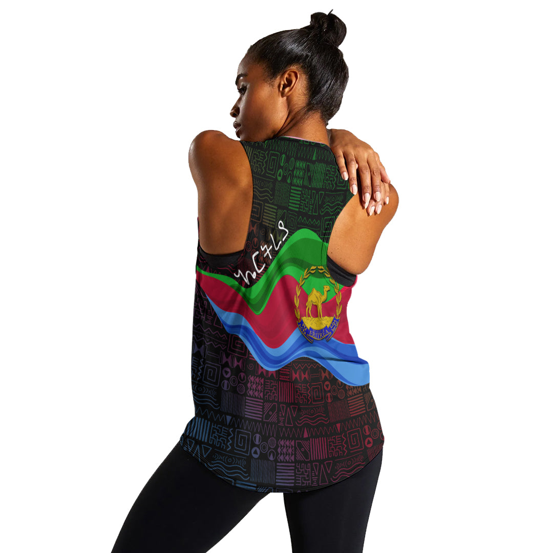 Black racerback tank, back view with green-red-blue crest and geometric pattern