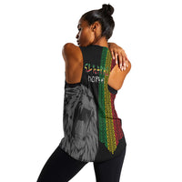 Black racerback tank with rear Amharic text and Ethiopian patterned sash stripe