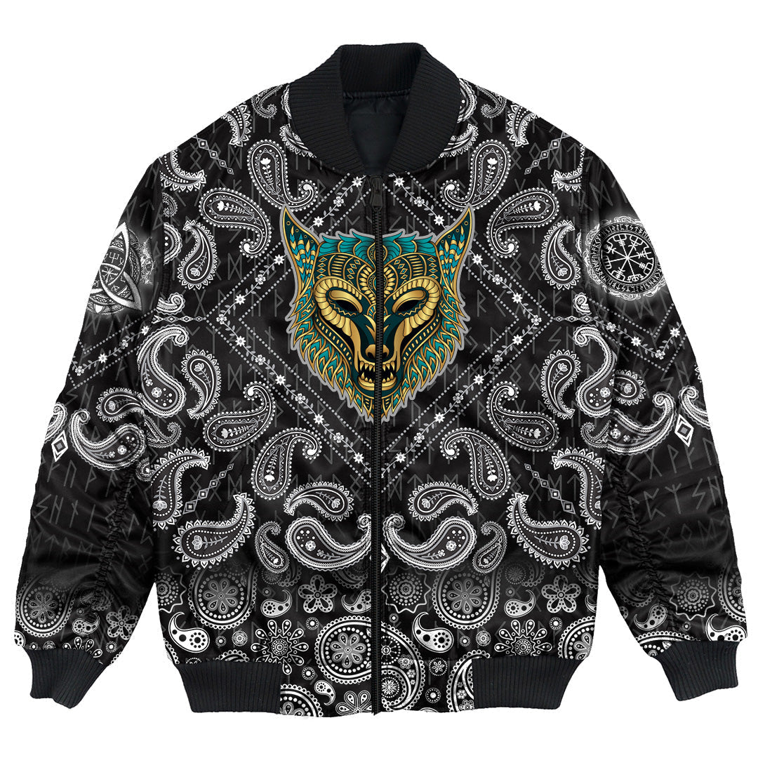 Viking Bomber Jacket Wolf Ethnic Style with Bandana Paisley Style RLT12 - Wonder Print Shop