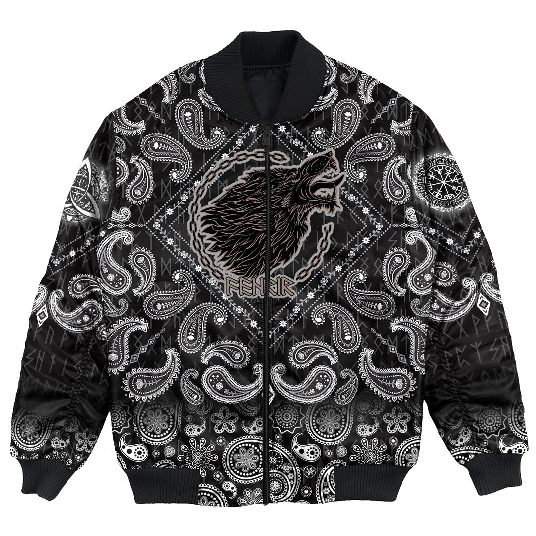 Viking Bomber Jacket Wolf Fenrir To Old Norse Mythology On White with Bandana Paisley Style RLT12 - Wonder Print Shop