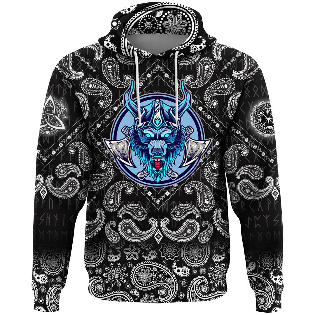 Viking Hoodie Wolf Head with Bandana Paisley Style RLT12 - Wonder Print Shop