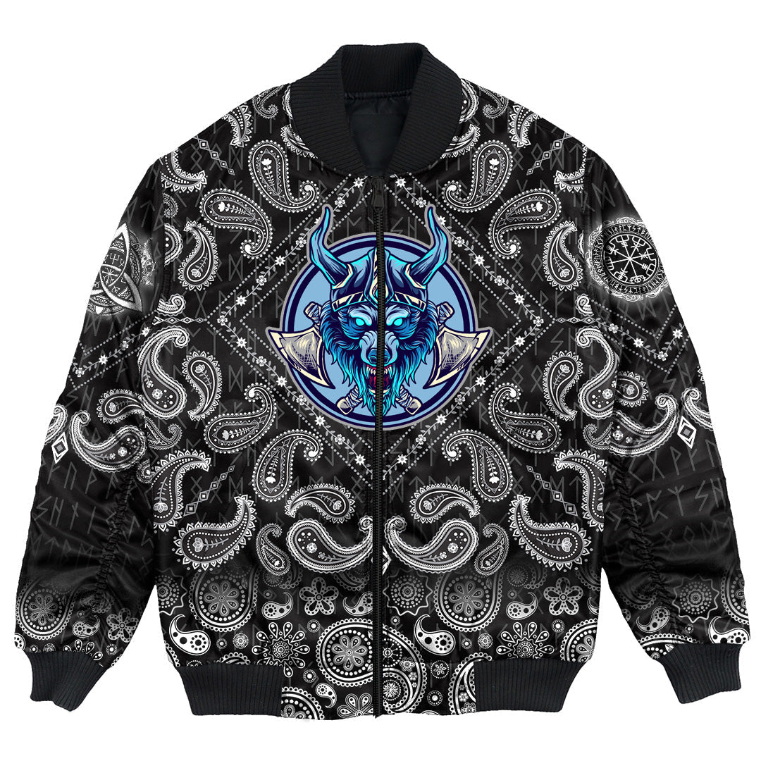 Viking Bomber Jacket Wolf Head with Bandana Paisley Style RLT12 - Wonder Print Shop