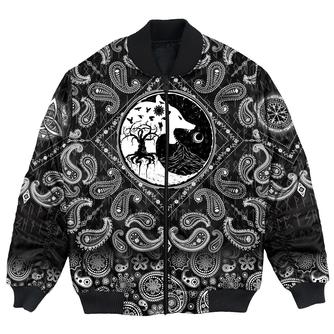 Viking Bomber Jacket Wolf Swallowing Of The Moon World Tree Raven with Bandana Paisley Style RLT12 - Wonder Print Shop