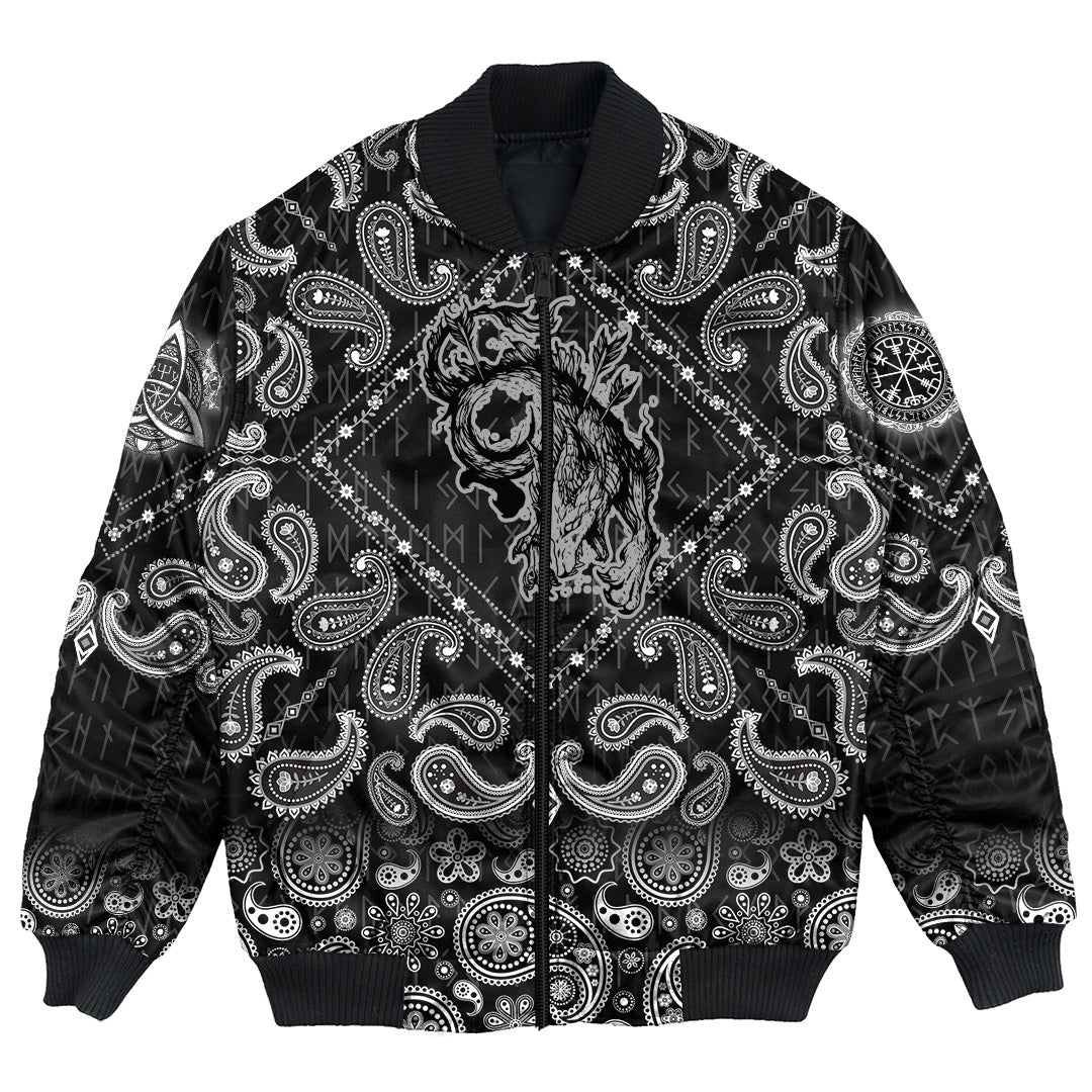 Viking Bomber Jacket Wolf and Moon with Bandana Paisley Style RLT12 - Wonder Print Shop