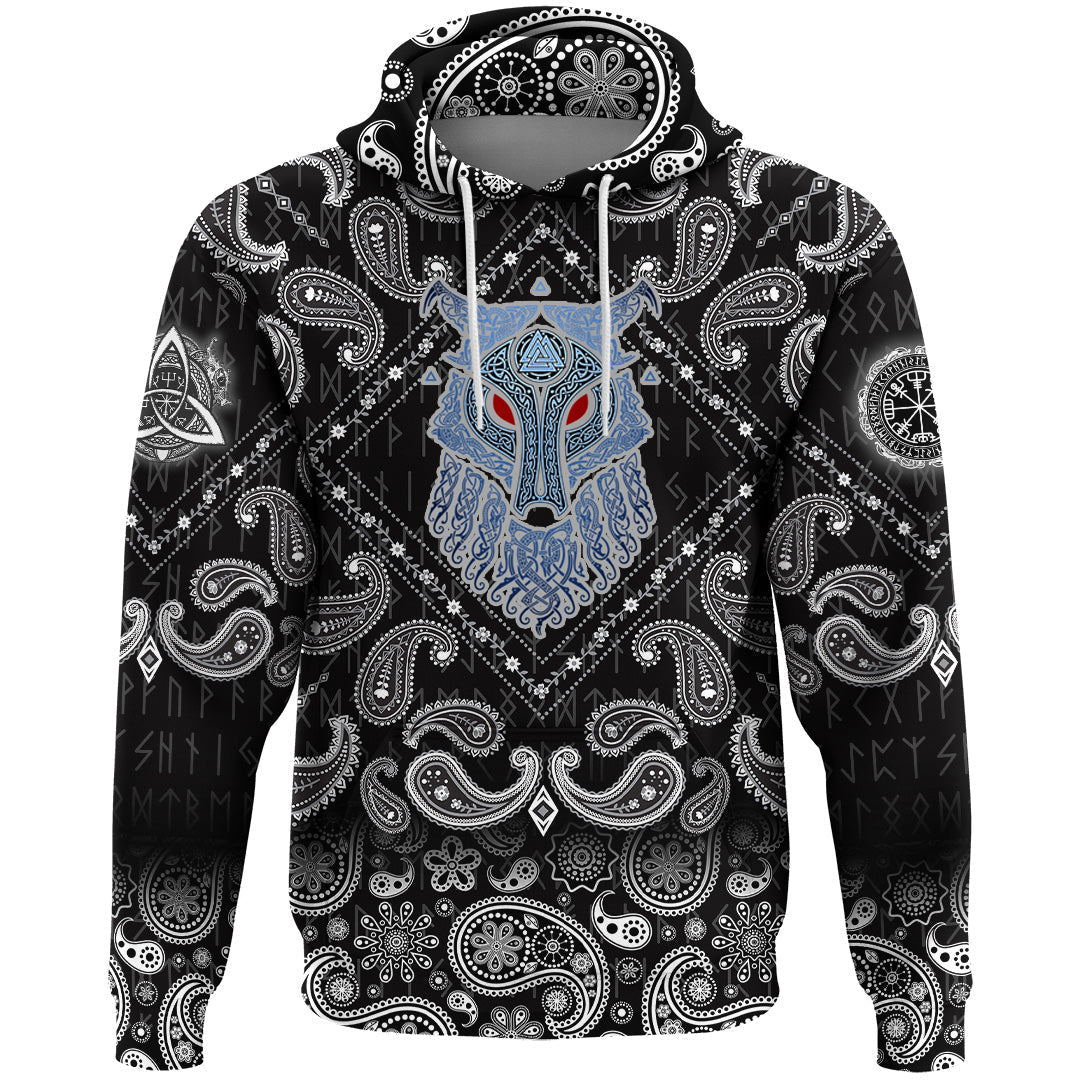 Viking Hoodie Wolf and Valknut with Bandana Paisley Style RLT12 - Wonder Print Shop