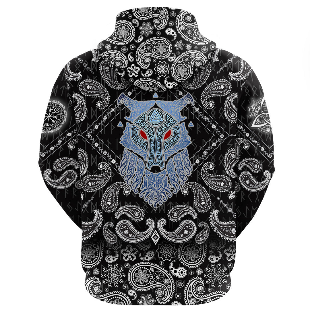 Viking Hoodie Wolf and Valknut with Bandana Paisley Style RLT12 - Wonder Print Shop