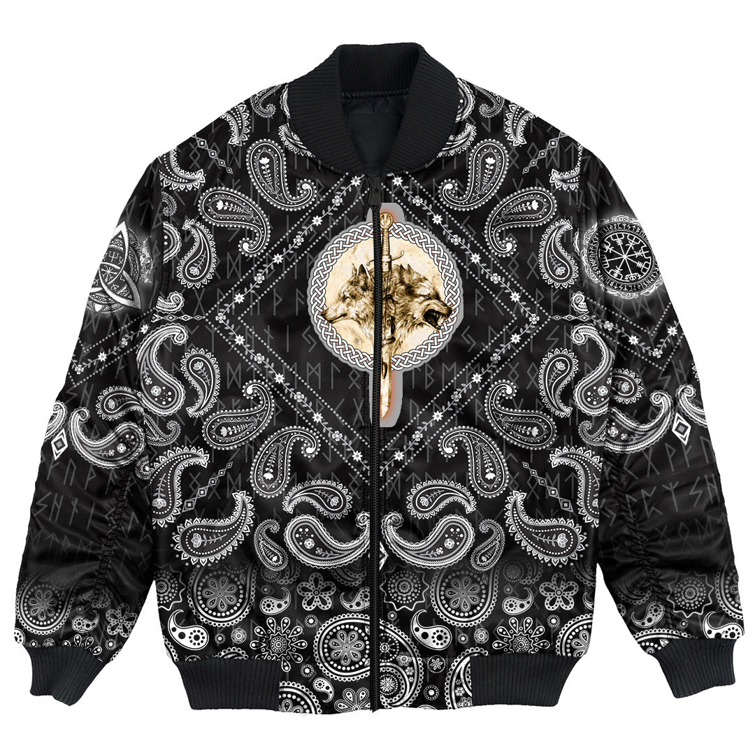 Viking Bomber Jacket Wolfs and Sword with Bandana Paisley Style RLT12 - Wonder Print Shop