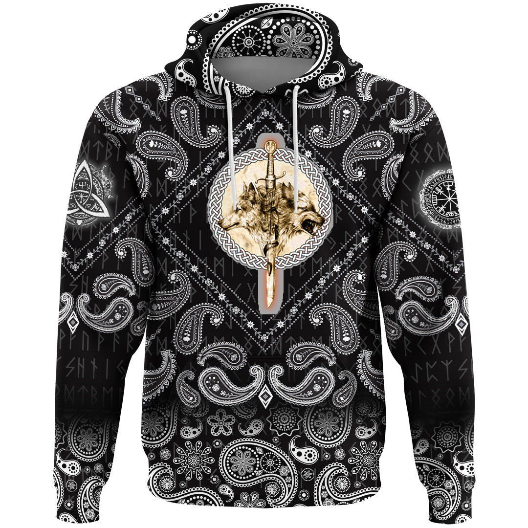 Viking Hoodie Wolfs and Sword with Bandana Paisley Style RLT12 - Wonder Print Shop