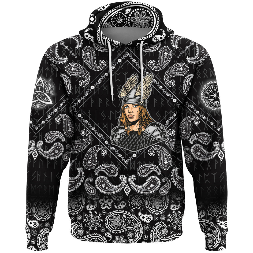 Viking Hoodie Woman In Metal Armor and Helmet with Bandana Paisley Style RLT12 - Wonder Print Shop