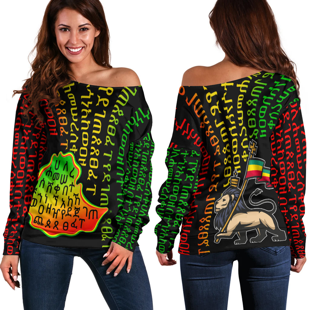 Ethiopia Women'S Off Shoulder Sweater Ethiopia Alphabet Patterns LT6 - Wonder Print Shop