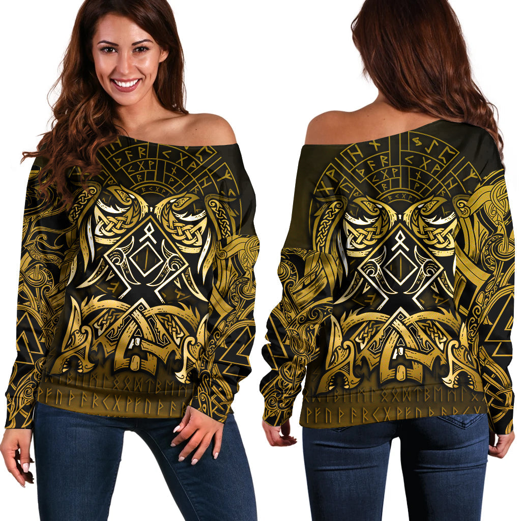 Viking Off Shoulder Sweater - Othala and Raven Golden RLT12 - Wonder Print Shop