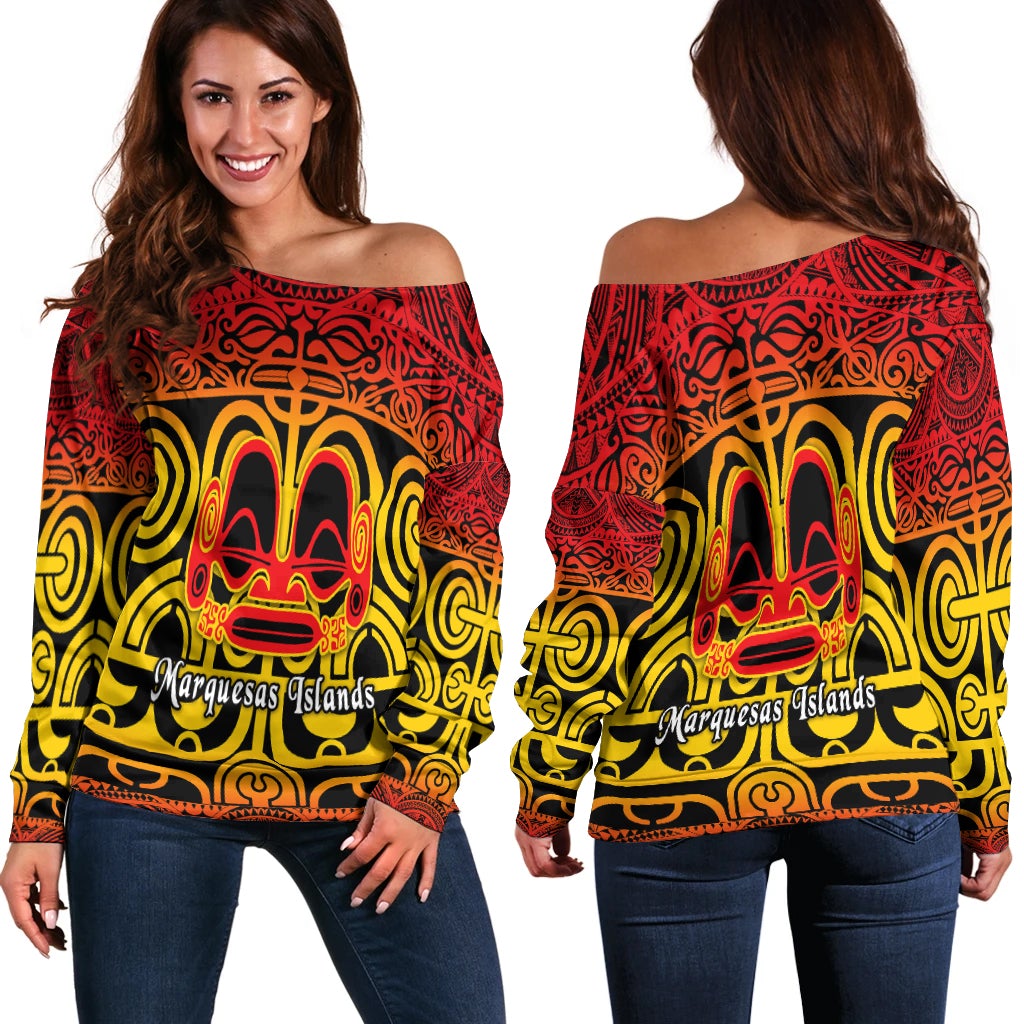 Women off-shoulder top with red, yellow, black Marquesas tattoo skull graphic