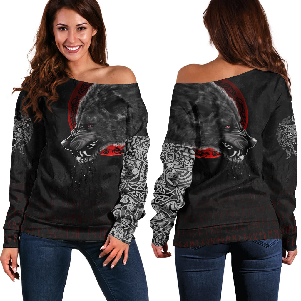 Viking Off Shoulder Sweater - Wolf and Blood Moon RLT12 - Wonder Print Shop